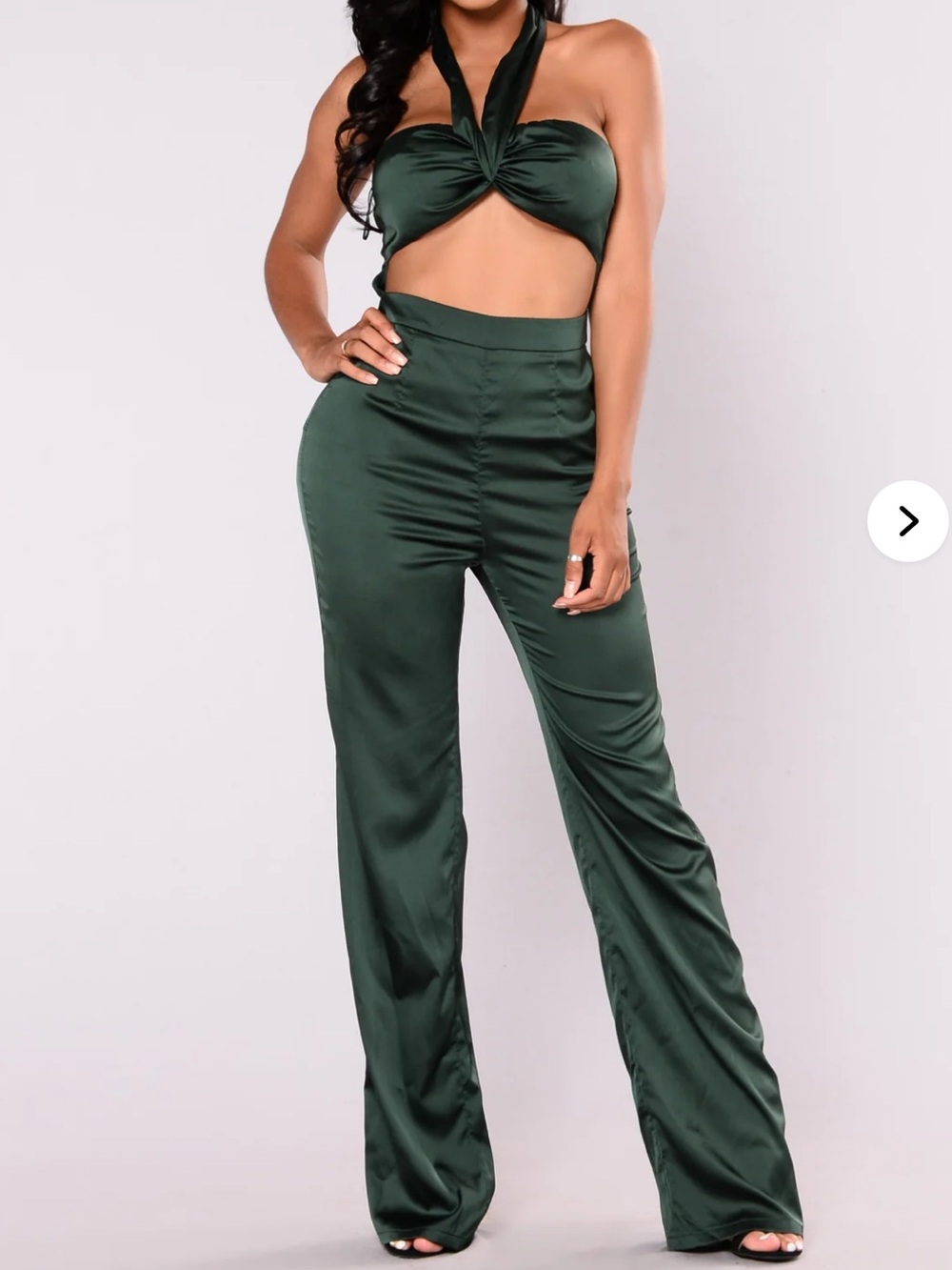Satin Twist Halter Two-Piece Jumpsuit - Dark Green